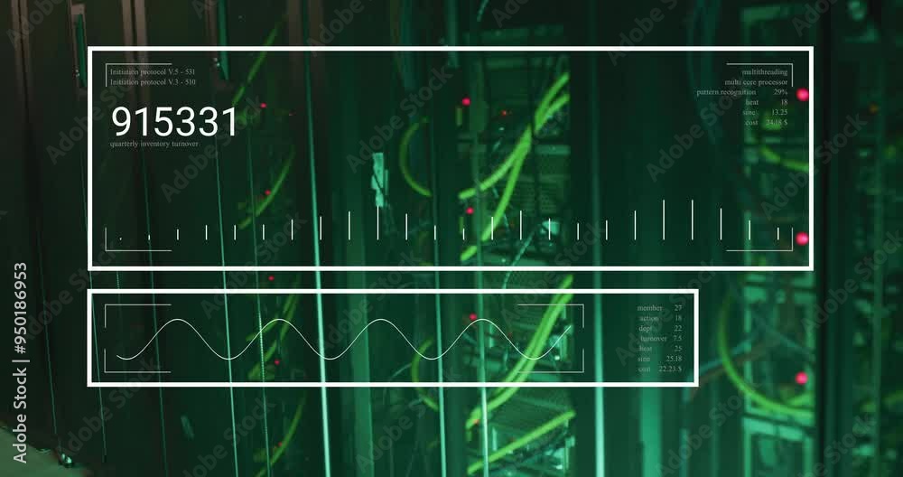 Poster data processing animation over server racks with cables and blinking lights