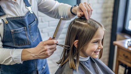 Fototapeta premium girl hairdresser makes a short haircut for a girl