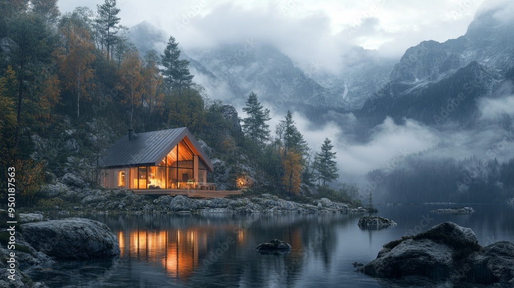 Poster a cabin is on a lake with mountains in the background
