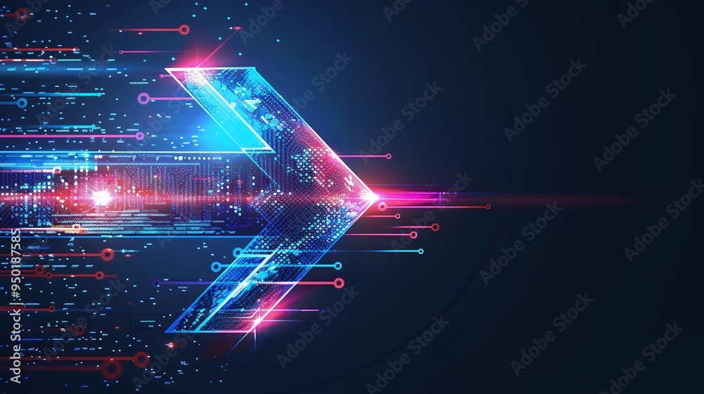 Wall mural 3d render, abstract neon arrow. Speed and technology concept. Glowing colorful lines and bokeh lights