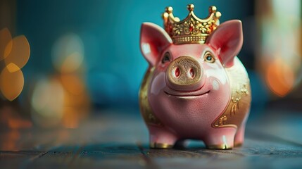 Obraz premium A charming piggy bank with a gold crown rests on a wooden surface with a colorful backdrop