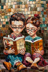 Fototapeta premium Reading a Book Mosaic. Generated image. A digital illustration of a boy and a girl sitting together each reading a book, mosaic art style.