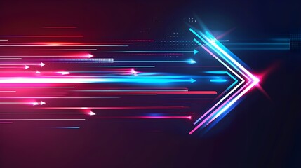 3d render, abstract neon arrow. Speed and technology concept. Glowing colorful lines and bokeh lights