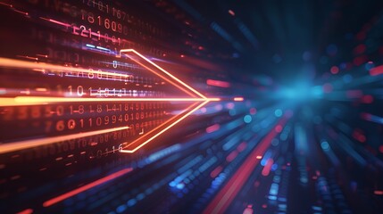 Fototapeta premium 3d render, abstract neon arrow. Speed and technology concept. Glowing colorful lines and bokeh lights