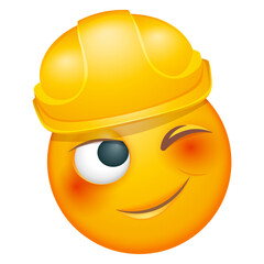 Construction worker emoji on white background. Emoticon with yellow hard hat. Cute emoticon