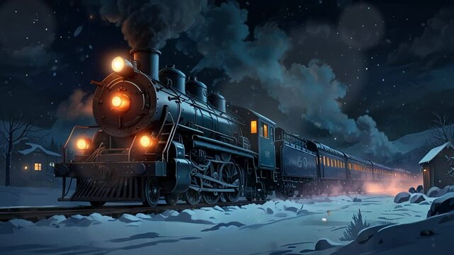 locomotive, steam train that passes during a snowy winter night. Seamless looping 4k video animation