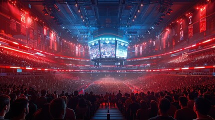 Futuristic High-Tech Sports Arena with Massive Screens and Energetic Crowd