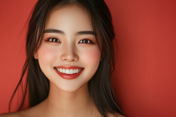 Obraz premium Positive woman smiling and showing skin care on solid background