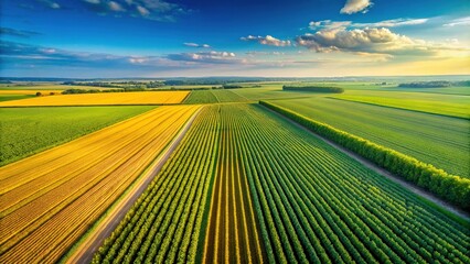 Above, a canopy of green and yellow stretches out, a cornfield's vibrant tapestry blending seamlessly into the vast blue expanse of a summer sky.