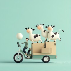 A playful scene with a cyclist transporting boxes and cows on a small vehicle.