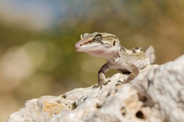 A lizard is on a rock, looking at the camera. The lizard is brown and white in color