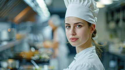 Caucasian female chef working diligently in a bustling professional kitchen during dinner service