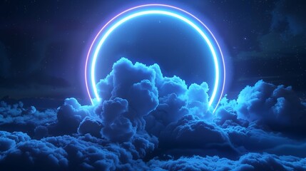 3d render, abstract cloud illuminated with neon light ring on dark night sky. Glowing geometric shape, round frame.