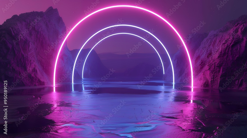 Wall mural Neon circle shape near the red mountain against the background of the starry sky. 3d render.