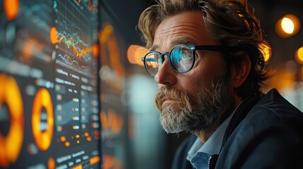 Dynamic Business Meeting in a Sleek Office Setting with Team Analyzing Project Statistics on a Big Screen