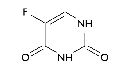 5-fluorouracil molecule, structural chemical formula, ball-and-stick model, isolated image fluorouracil