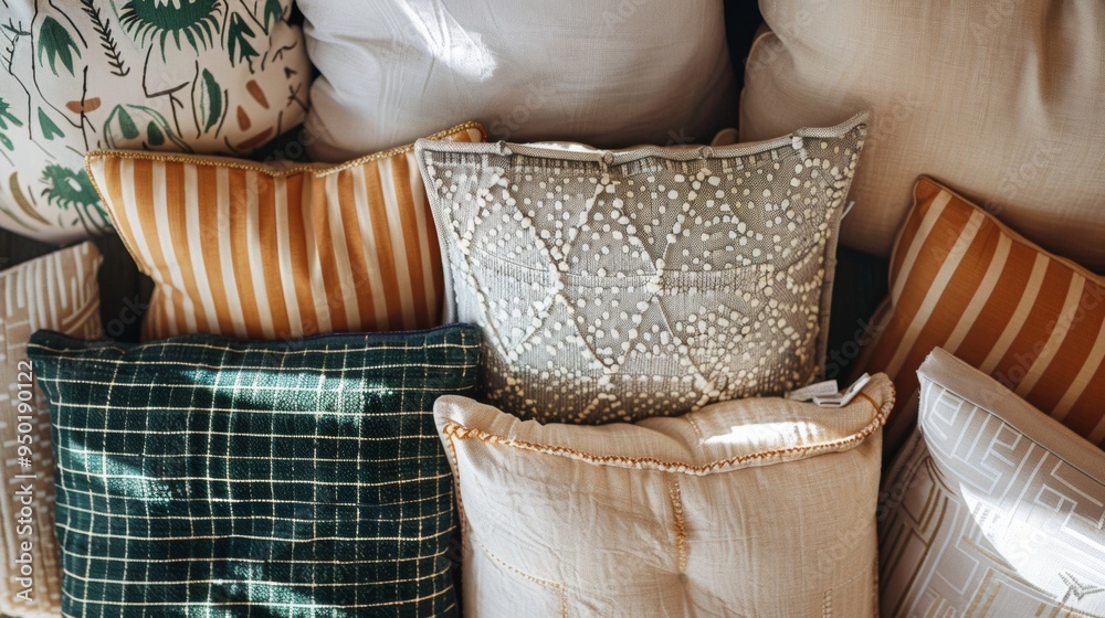 Poster symmetrical pastel geometric green pillows arrangement with intricate patterns and textures – aerial