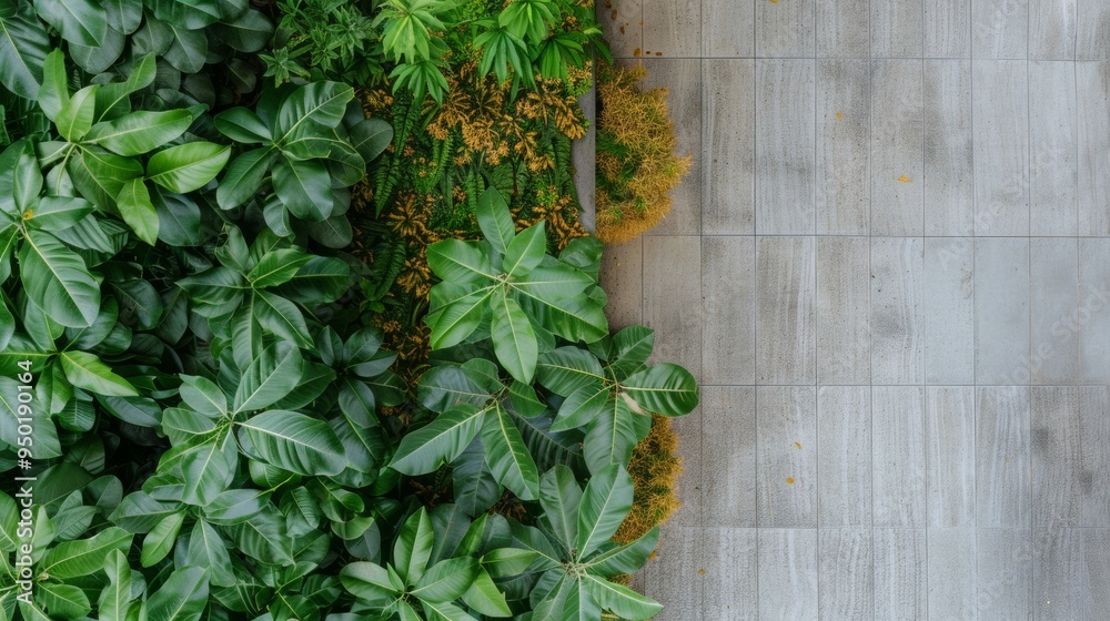 Poster aerial view of geometric symmetrical green plant pattern with bright diffused lighting and subtle sh