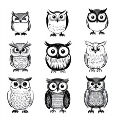 A collection of nine illustrated owls with various expressions and styles.
