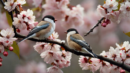 Two birds perched on a branch cherry blossoms.