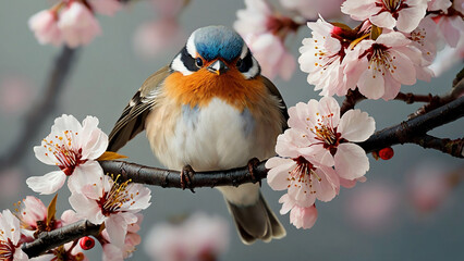 A birds perched on a branch cherry blossoms.