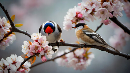 Two birds perched on a branch cherry blossoms.