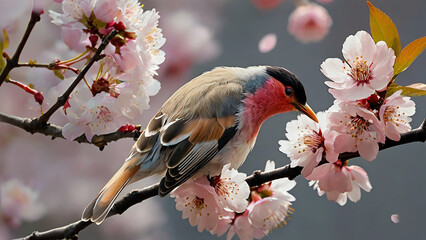 A birds perched on a branch cherry blossoms.