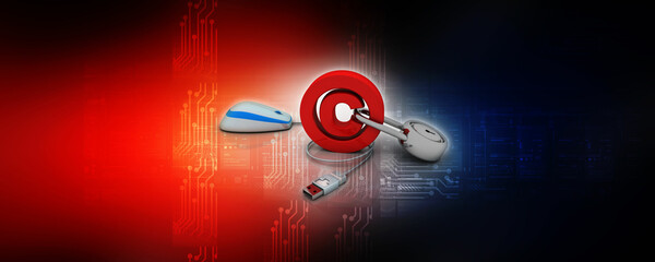 

3d illustration copyright symbol concept with lock near computer mouse