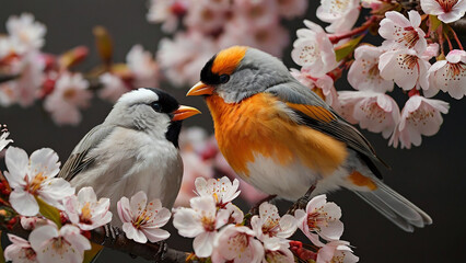 Two birds perched on a branch cherry blossoms.