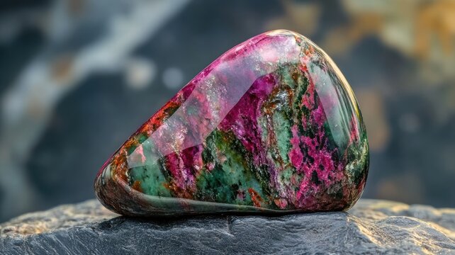 Polished ruby in zoisite displayed in a close-up shot, emphasizing its vibrant green and pink.