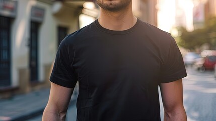 Fototapeta premium Plain black t-shirt mockup on an attractive, fit man walking through a city street. The smooth shirt glistens in sunlight with a clean and minimal design focus.