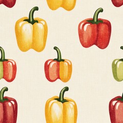 Vintage bell pepper pattern on vintage beige fabric background, seamless repeating pattern, textile print style, minimal, bell pepper design, seamless bell pepper pattern, home decor, textiles 