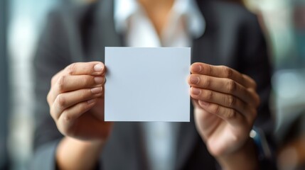 Fototapeta premium Hands presenting a blank card during a business team meeting in an office setting