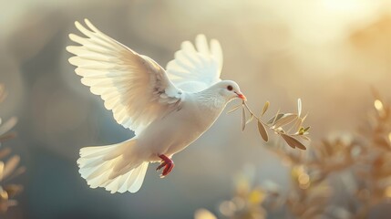 A graceful dove in flight carries an olive branch during a serene sunset, symbolizing hope and peace