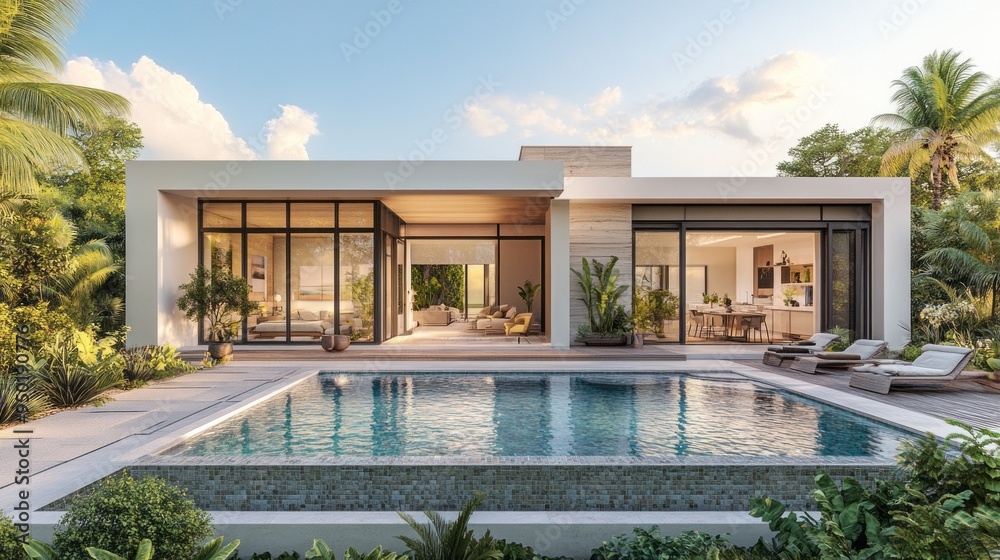 Poster a large house with a pool and a patio