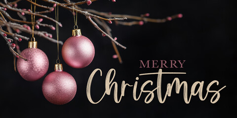 Merry Christmas, festive celebration holiday holidays greeting card with text, banner - Hanging pink ornaments ( christmas baubles ) on tree branch  isolated on black night sky background texture