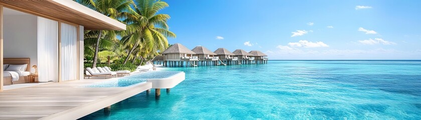 Fototapeta premium Luxurious tropical island resort stay, overwater bungalows, turquoise waters, palm trees, opulent comfort, exclusive getaway, relaxation and indulgence
