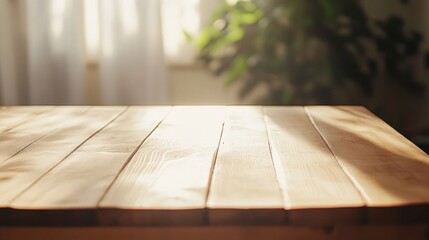 Warm Morning Light on Beige Wooden Table in Cozy Indoor Bedroom Setting - Minimalistic and Inviting Product Display