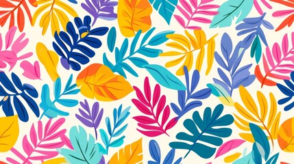 A colorful leafy pattern with many different colors. The leaves are all different sizes and shapes. The pattern is very vibrant and lively