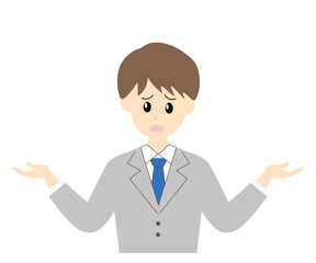 悩んで困ってお手上げポーズをするスーツ姿の若い日本人男性ビジネスマン