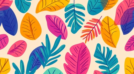 A colorful leaf pattern with a bright yellow leaf in the middle. The leaves are in various colors and sizes, creating a vibrant and lively scene