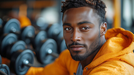 A focused athlete in an orange hoodie stands before a rack of dumbbells in the gym, representing determination and preparation for physical training.