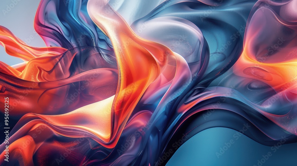 Poster vibrant abstract shapes intertwining in a dynamic composition with rich colors and flowing forms