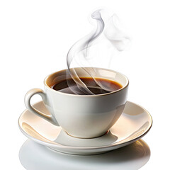A freshly brewed cup of coffee sits on a white saucer. Steam rises from the cup, indicating the beverage is hot