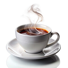 A close-up of a white ceramic cup filled with coffee, the steam rising from the surface. The cup rests on a matching saucer, set against a white background