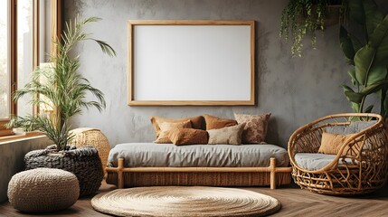 A cozy children’s room with natural wooden furniture, featuring a blank mock-up frame on the wall, ready for customization 