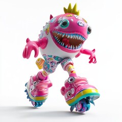 A colorful, playful roller-skating character resembling a fish with a crown.