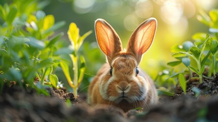 Obraz premium Easter bunny ears emerging from a garden hole on a sunny spring day