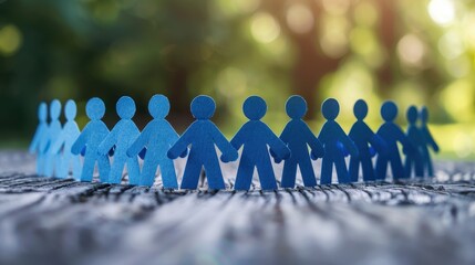 Business team collaboration with blue paper figures in a unified group setup outdoors