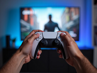 Hands of a person holding a white console game controller on the background of a TV with a game, selective focus